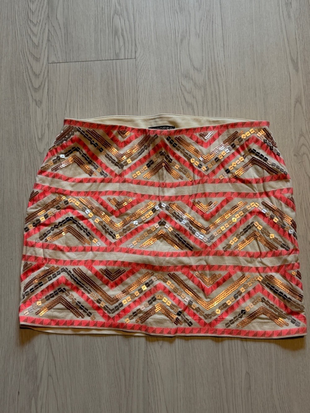Express Coral and Gold Sequin Chevron Mini Skirt